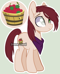 Size: 1647x2012 | Tagged: safe, artist:stormcloud-yt, oc, oc only, earth pony, pony, apple, base used, basket, earth pony oc, female, food, mare, neckerchief, offspring, parent:big macintosh, parent:sugar belle, parents:sugarmac, simple background