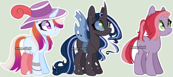 Size: 4789x2137 | Tagged: safe, artist:stormcloud-yt, oc, oc only, changeling queen, earth pony, pony, unicorn, base used, blue changeling, changeling queen oc, earth pony oc, female, hat, horn, mare, simple background, sun hat, unicorn oc