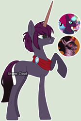 Size: 2662x3992 | Tagged: safe, artist:stormcloud-yt, king sombra, tempest shadow, oc, pony, unicorn, g4, base used, female, glowing, glowing horn, high res, horn, male, mare, offspring, parent:king sombra, parent:tempest shadow, parents:sombrest, screencap reference, simple background, stallion, unicorn oc