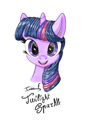 Size: 2481x3508 | Tagged: safe, artist:memprices, twilight sparkle, alicorn, pony, g4, bust, cute, ear fluff, ears up, female, front view, high res, horn, looking at you, mare, open mouth, open smile, pencil, portrait, signature, simple background, smiling, solo, twiabetes, twilight sparkle (alicorn), white background