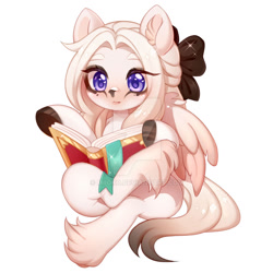 Size: 1024x1024 | Tagged: safe, artist:miioko, oc, oc only, pegasus, pony, bow, commission, deviantart watermark, female, hair bow, hoof fluff, hoof polish, mare, obtrusive watermark, pegasus oc, reading, simple background, sitting, solo, watermark, white background, wings, ych result