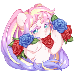 Size: 1024x1024 | Tagged: safe, artist:miioko, oc, oc only, pony, unicorn, bust, commission, deviantart watermark, eyelashes, female, flower, horn, mare, obtrusive watermark, rose, simple background, solo, transparent background, unicorn oc, watermark, ych result