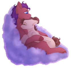 Size: 1800x1703 | Tagged: safe, artist:purplegrim40, oc, oc only, pony, cloud, duo, eyes closed, hug, oc x oc, on a cloud, shipping, simple background, sleeping, snuggling, transparent background