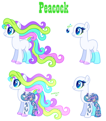 Size: 835x957 | Tagged: safe, artist:tuttyfruitcutie, bird, earth pony, peacock, pony, g3, g4, art pony, blue eyes, colored hooves, curly hair, eyeshadow, flowing mane, g3 to g4, generation leap, gradient legs, green eyeshadow, long mane, magical lesbian spawn, makeup, multicolored hair, multicolored mane, neon, neon pony, offspring, peacock pony, redesign, reference sheet, simple background, solo, transparent background, white body