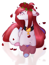 Size: 1500x2000 | Tagged: safe, artist:purplegrim40, oc, oc only, pegasus, pony, collar, floral head wreath, flower, looking at something, lying down, pegasus oc, petals, prone, rose, simple background, solo, transparent background