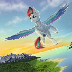 Size: 2000x2000 | Tagged: safe, artist:querisyart, zipp storm, pegasus, pony, g5, female, flying, grin, high res, mare, mountain, ocean, signature, sky, smiling, solo, spread wings, water, wings