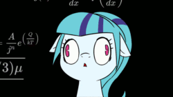 Size: 960x540 | Tagged: safe, artist:doublewbrothers, editor:flynnmlp, sonata dusk, earth pony, pony, g4, animated, black background, confused, equation, equestria girls ponified, female, floppy ears, gif, mare, math, math lady meme, ponified, simple background, solo, staring at you, thinking