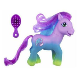 Size: 312x312 | Tagged: source needed, safe, daisy paisley, earth pony, pony, g3, blue mane, brush, gradient hooves, gradient legs, green eyes, hairbrush, merchandise, multicolored coat, multicolored hair, multicolored mane, photo, purple mane, simple background, solo, stock image, toy, white background