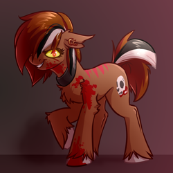 Size: 4000x4000 | Tagged: oc name needed, safe, artist:witchtaunter, oc, oc only, earth pony, pony, absurd resolution, blood, chest fluff, commission, ear fluff, ear piercing, earring, earth pony oc, edgy, female, glowing, glowing eyes, gradient background, grin, hair over one eye, jewelry, necklace, piercing, raised hoof, red eyes, shoulder fluff, smiling, solo, stripes