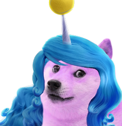 Size: 2355x2430 | Tagged: safe, artist:nightstars., edit, izzy moonbow, dog, pony, shiba inu, unicorn, g5, my little pony: a new generation, ball, doge, dogified, female, high res, horn, hornball, izzy's tennis ball, meme, photo, shibe, simple background, solo, species swap, tennis ball, transparent background, wat