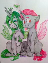 Size: 1472x1910 | Tagged: artist needed, source needed, safe, queen chrysalis, oc, oc:king dorigan, changeling, changeling queen, g4, canon x oc, changeling king, crown, duo, female, green changeling, heart, jewelry, love, male, pink changeling, regalia, straight