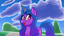 Size: 3840x2160 | Tagged: safe, artist:llamalauncher, izzy moonbow, pony, unicorn, g5, 16:9, 4k, chest fluff, cloud, female, high res, horn, looking at you, mare, open mouth, signature, solo, tree