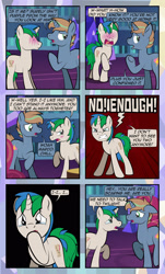 Size: 1920x3169 | Tagged: safe, artist:alexdti, oc, oc only, oc:brainstorm (alexdti), oc:star logic, pony, unicorn, comic:quest for friendship, abuse, angry, blushing, blushing profusely, comic, crying, dialogue, dot eyes, duo, duo male, ears back, eye contact, frown, gritted teeth, high res, hoof over mouth, hooves, horn, implied twilight sparkle, lidded eyes, looking at each other, looking at someone, looking away, male, misspelling, open mouth, raised hoof, sad, shadow, speech bubble, stallion, standing, tail, talking, tears of anger, tears of rage, teeth, twilight's castle, two toned mane, two toned tail, underhoof, unicorn oc, wall of tags, yelling