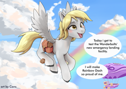 Size: 3508x2480 | Tagged: safe, artist:pwnagespartan, derpy hooves, pegasus, pony, g4, airship, bag, blushing, cloud, cute, derpabetes, female, flying, food, high res, hot air balloon, muffin, rainbow, saddle bag, sky, solo, speech bubble, zeppelin