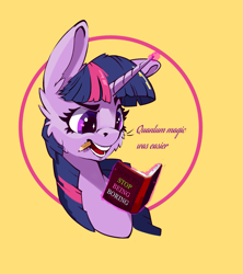 Size: 1743x1965 | Tagged: safe, artist:i love hurt, twilight sparkle, pony, unicorn, g4, book, bust, female, head, mare, nimbus, pencil in mouth, portrait, simple background, simple shading, solo, thinking, unicorn twilight