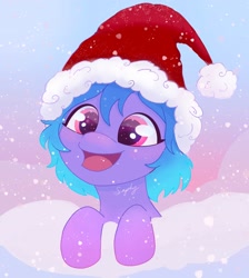 Size: 1834x2048 | Tagged: safe, artist:saphypone, oc, oc only, oc:saphira moon, pony, christmas, female, hat, holiday, not izzy moonbow, open mouth, santa hat, snow, solo