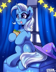Size: 1300x1655 | Tagged: safe, artist:shadowreindeer, trixie, pony, unicorn, g4, :p, clothes, cute, diatrixes, ear fluff, eyelashes, female, food, hat, home, horn, jam, mare, sandwich, signature, sitting, smiling, solo, tail, tongue out, trixie's hat