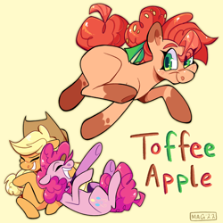 Size: 2048x2048 | Tagged: safe, artist:3ggmilky, applejack, pinkie pie, oc, oc:toffee apple, earth pony, pony, g4, blank flank, earth pony oc, eyes closed, female, high res, laughing, lesbian, magical lesbian spawn, next generation, offspring, parent:applejack, parent:pinkie pie, parents:applepie, ship:applepie, shipping, simple background