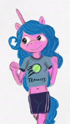 Size: 1080x1920 | Tagged: safe, artist:kaykeyser, izzy moonbow, unicorn, anthro, g5, ball, clothes, female, izzy's tennis ball, shirt, shorts, simple background, smiling, solo, tennis ball