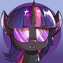 Size: 2000x2000 | Tagged: safe, artist:ronin20181, twilight sparkle, changeling, g4, :<, bust, changelingified, fangs, female, frown, high res, purple changeling, solo, species swap