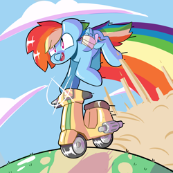 Size: 2000x2000 | Tagged: safe, artist:ronin20181, rainbow dash, pegasus, pony, g4, bandage, bandaged wing, cloud, fangs, fast, female, high res, mare, open mouth, rainbow trail, scooter, sky, solo, wings