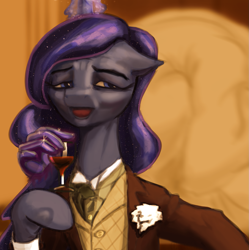 Size: 1287x1292 | Tagged: safe, artist:ciborgen, princess luna, alicorn, pony, g4, alcohol, clothes, django unchained, female, glass, glowing, glowing horn, hand, horn, magic, magic hands, meme, open mouth, parody, ponified meme, solo, suit, wine, wine glass