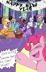 Size: 663x1024 | Tagged: safe, artist:mrleft, applejack, fluttershy, pinkie pie, rainbow dash, rarity, twilight sparkle, alicorn, earth pony, pegasus, pony, unicorn, comic:party trick, g4, banner, blushing, book, clothes, comic, dialogue, eyes closed, eyeshadow, floppy ears, hoofwrestle, looking into each others eyes, magic, makeup, open mouth, open smile, sitting, smiling, spread wings, statue, telekinesis, tongue out, twilight sparkle (alicorn), twilight's castle, wavy mouth, wings, yelling