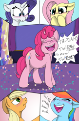 Size: 663x1024 | Tagged: safe, artist:mrleft, applejack, fluttershy, pinkie pie, rainbow dash, rarity, earth pony, pegasus, pony, unicorn, comic:party trick, g4, :d, :t, blushing, comic, covering mouth, dialogue, digestion, eyes closed, fat, floppy ears, implied death, implied twilight sparkle, instant digestion, laughing, onomatopoeia, open mouth, open smile, oral vore, pinkie pred, post-vore, preylight, pudgy pie, pun, rapid digestion, smiling, twilight's castle, varying degrees of want, vore, wavy mouth, worried