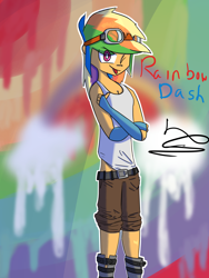 Size: 3000x4000 | Tagged: safe, artist:ronin20181, rainbow dash, human, g4, clothes, female, humanized, one eye closed, solo, tank top, tongue out, wink