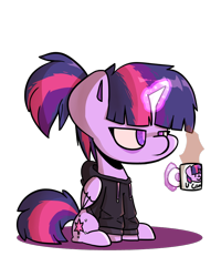 Size: 800x1000 | Tagged: safe, artist:ronin20181, twilight sparkle, alicorn, pony, g4, alternate hairstyle, bags under eyes, clothes, coffee, female, glowing, glowing horn, hoodie, horn, magic, ponytail, simple background, solo, telekinesis, tired, transparent background, twilight sparkle (alicorn)