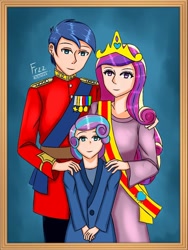 Size: 768x1024 | Tagged: safe, artist:lencai123, princess cadance, princess flurry heart, shining armor, human, g4, clothes, crown, female, humanized, jewelry, male, regalia, trio, uniform