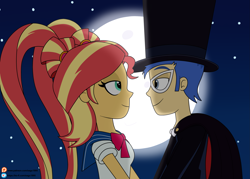 Size: 2737x1961 | Tagged: safe, artist:eagc7, flash sentry, sunset shimmer, equestria girls, g4, clothes, commission, cosplay, costume, domino mask, duo, female, hat, ko-fi, looking at each other, looking at someone, male, moon, night, patreon, sailor moon (series), ship:flashimmer, shipping, straight, top hat, tuxedo mask