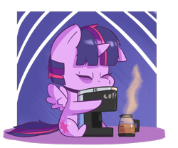 Size: 1200x1000 | Tagged: safe, artist:ronin20181, twilight sparkle, alicorn, pony, g4, bags under eyes, chibi, coffee, coffee machine, eyes closed, female, one ear down, solo, twilight sparkle (alicorn)