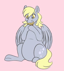 Size: 2015x2239 | Tagged: safe, artist:bella-pink-savage, derpy hooves, pegasus, pony, g4, aderpose, belly, chonk, chubby, cute, eating, fat, female, food, high res, muffin, pink background, simple background, solo, that pony sure does love muffins