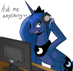 Size: 679x655 | Tagged: dead source, safe, artist:sallymon, princess luna, alicorn, pony, ask gamer luna, gamer luna, g4, 2012, ama, artifact, computer, desktop, female, gaming, headset, mare, nostalgia, open mouth, open smile, simple background, smiling, solo, white background