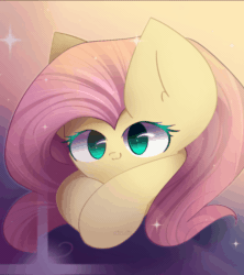 Size: 888x1000 | Tagged: safe, artist:miryelis, fluttershy, pegasus, pony, g4, animated, big eyes, blinking, cute, eyes closed, female, gif, heart, looking at you, lying down, mare, smiling, smiling at you, solo