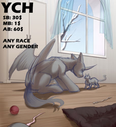 Size: 1280x1403 | Tagged: safe, artist:tigra0118, cat, pony, any race, auction, ball, commission, pet, room, tree, window, your character here