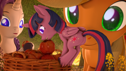 Size: 3840x2160 | Tagged: safe, artist:sylthena, applejack, rarity, twilight sparkle, alicorn, earth pony, pony, unicorn, g4, 3d, apple, apple basket, basket, camping, eating, female, flower, folded wings, food, forest, glowing, glowing eyes, grass, herbivore, high res, lesbian, micro, romantic, ship:rarijack, shipping, shrinking, source filmmaker, stealing, tail, thief, tree, twilight sparkle (alicorn), unshorn fetlocks, wings