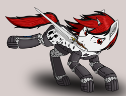 Size: 2263x1728 | Tagged: safe, artist:enteryourponyname, oc, oc only, oc:blackjack, cyborg, pony, unicorn, fallout equestria, fallout equestria: project horizons, amputee, angry, augmented, cyber eyes, cyber legs, cybernetic legs, ear fluff, female, horn, mare, prosthetics, simple background, small horn, solo, sword, weapon