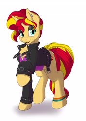 Size: 2896x4096 | Tagged: safe, artist:melodis, sunset shimmer, pony, unicorn, g4, clothes, ear piercing, eyeshadow, female, full body, high res, hooves, horn, jacket, leather jacket, lidded eyes, makeup, mare, open mouth, piercing, raised hoof, shadow, simple background, solo, white background