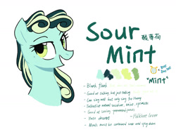 Size: 1600x1200 | Tagged: safe, artist:yaco, oc, oc only, oc:sour mint, earth pony, pony, female, magical lesbian spawn, mare, offspring, open mouth, parent:bon bon, parent:lyra heartstrings, parents:lyrabon, reference sheet, simple background, solo, translation, translator:1845368013, white background