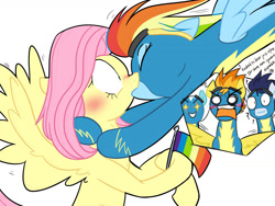 Size: 1600x1200 | Tagged: safe, artist:yaco, edit, fleetfoot, fluttershy, rainbow dash, soarin', spitfire, pegasus, pony, :i, bipedal, blushing, clothes, expressions, eyes closed, female, flag, flutterdash, french kiss, glomp, goggles, grin, hoof hold, hug, kiss on the lips, kissing, lesbian, lesbian in front of boys, male, mare, open mouth, question mark, raised hoof, shipper on deck, shipping, simple background, smiling, spread wings, stallion, starry eyes, surprise kiss, surprised, translation, translator:1845368013, uniform, white background, wingboner, wingding eyes, wings, wonderbolts, wonderbolts uniform