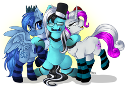 Size: 4093x2894 | Tagged: safe, artist:julunis14, oc, oc only, oc:med, oc:purapoint, oc:simon pegasus, earth pony, pegasus, pony, unicorn, blue fur, blue pony, chest fluff, christmas, clothes, collar, colored muzzle, crown, cute, drink, ear fluff, ear piercing, earring, earth pony oc, eyes closed, female, freckles, friends, glasses, group hug, happy, hat, high res, holiday, horn, hug, jewelry, leg fluff, long mane, long tail, male, monster energy, pegasus oc, piercing, regalia, santa hat, simple background, smiling, socks, spread wings, striped socks, stripes, tail, top hat, trio, unicorn oc, white background, white fur, white pony, wingboner, wings