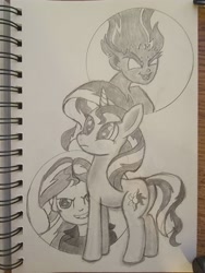 Size: 3000x4000 | Tagged: safe, artist:starsongdusk, sunset shimmer, pony, unicorn, equestria girls, g4, butt, female, high res, mare, monochrome, multeity, plot, solo, sunset satan, tarot card, traditional art