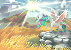 Size: 4096x2896 | Tagged: safe, artist:cutepencilcase, princess celestia, alicorn, pony, g4, female, grass, high res, mare, open mouth, open smile, smiling, solo, sun