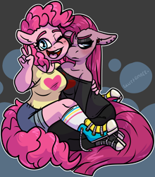 Size: 1458x1658 | Tagged: safe, artist:sexygoatgod, pinkie pie, earth pony, anthro, g4, blushing, clothes, converse, duality, duo, ear piercing, female, floppy ears, gauges, glare, goth, hug, looking at you, looking away, one eye closed, open mouth, open smile, peace sign, piercing, pinkamena diane pie, self paradox, self ponidox, shoes, smiling, sneakers, wink
