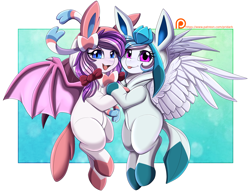 Size: 3046x2333 | Tagged: safe, artist:pridark, oc, oc only, oc:malina, oc:starburn, bat pony, glaceon, pegasus, pony, sylveon, :p, bat pony oc, clothes, costume, crossover, cute, female, high res, looking at you, mother and child, mother and daughter, ocbetes, open mouth, patreon, patreon reward, pegasus oc, pokémon, tongue out