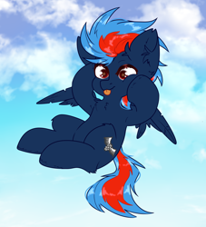 Size: 2000x2200 | Tagged: safe, artist:etoz, oc, oc only, oc:black the dragon, pegasus, pony, :p, chibi, cloud, cute, happy, high res, male, pegasus oc, sky, smiling, solo, stallion, tongue out, wings