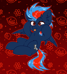 Size: 2000x2200 | Tagged: safe, alternate version, artist:etoz, oc, oc only, oc:black the dragon, pegasus, pony, :p, abstract background, chibi, clown, cute, flower, happy, high res, male, pegasus oc, smiling, solo, stallion, tongue out, wings