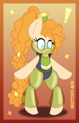 Size: 2300x3600 | Tagged: safe, artist:snakeythingy, pear butter, earth pony, pony, g4, belly dancer, belly dancer outfit, bipedal, clothes, exclamation point, gradient background, harem outfit, high res, veil